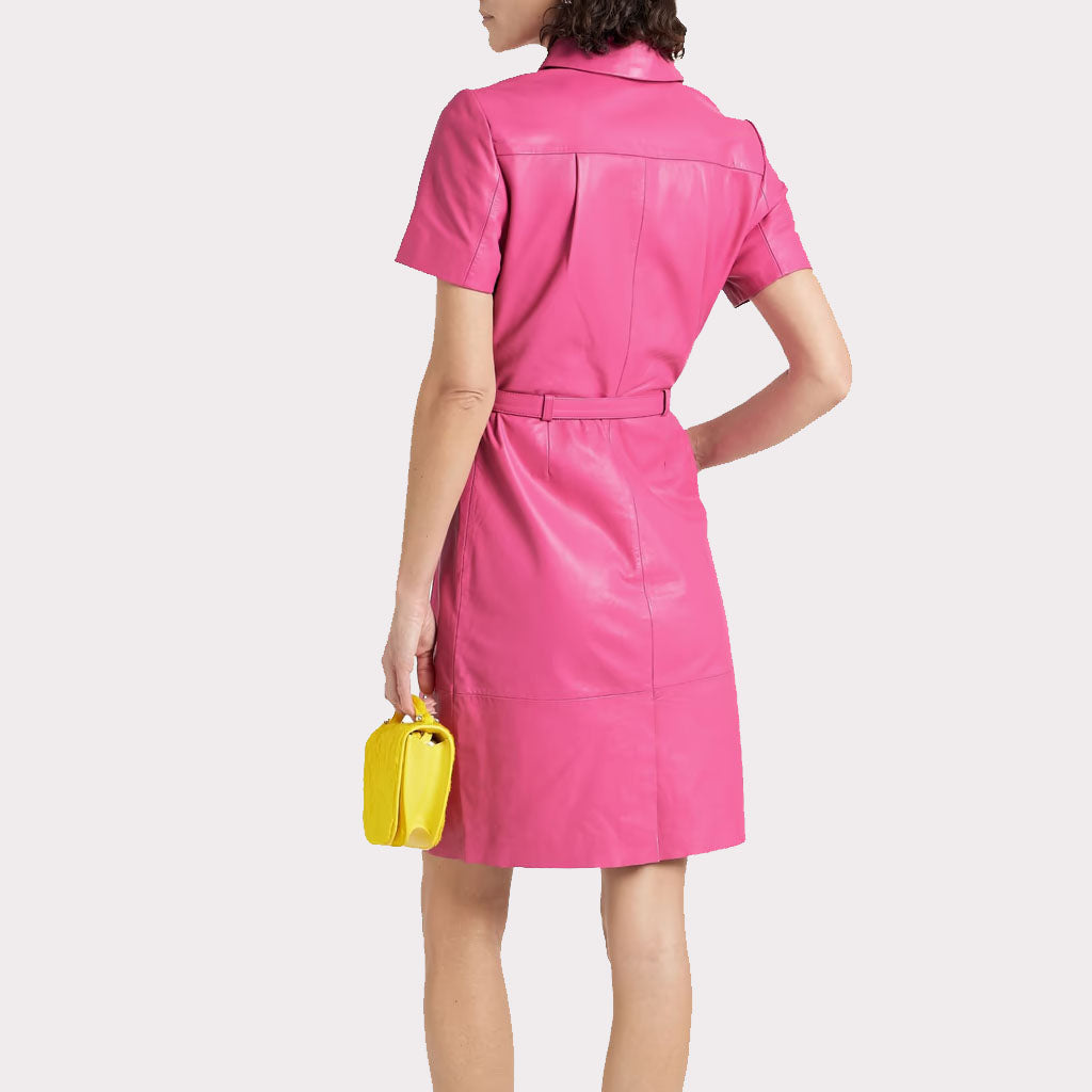 Elegant Pink Leather Shirt Dress for Women
