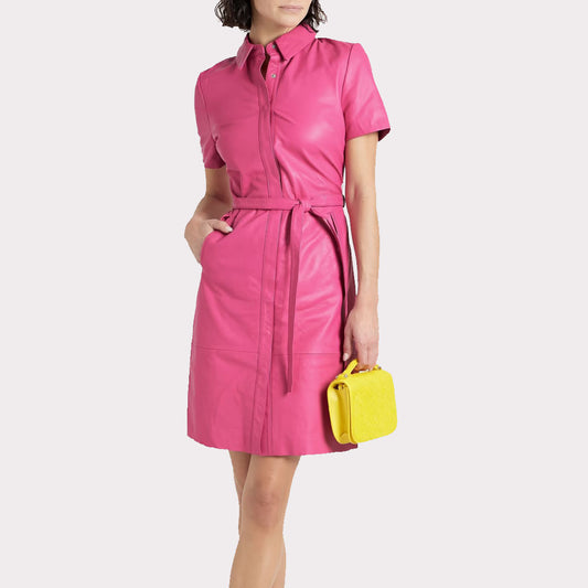 Pink Leather Shirt Dress - Elegant Women's Fashion