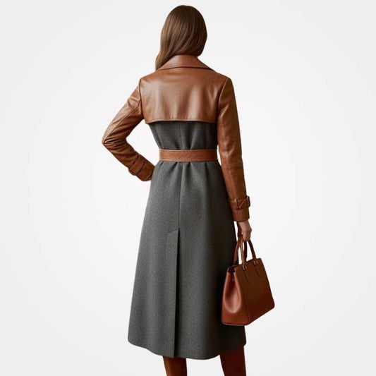 Elegant double breasted wool trench coat with leather accents by Jackets Kingdom