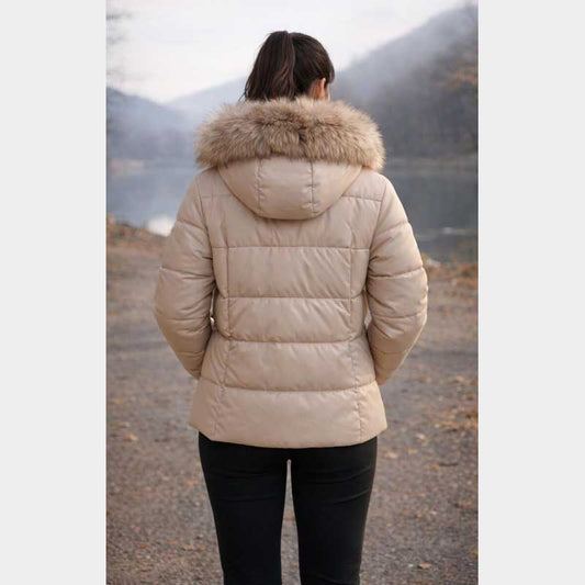 Elegant neutral beige winter coat featuring fur collar and full front zipper closure