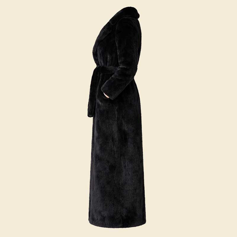 Elegant womens black winter coat full length faux fur