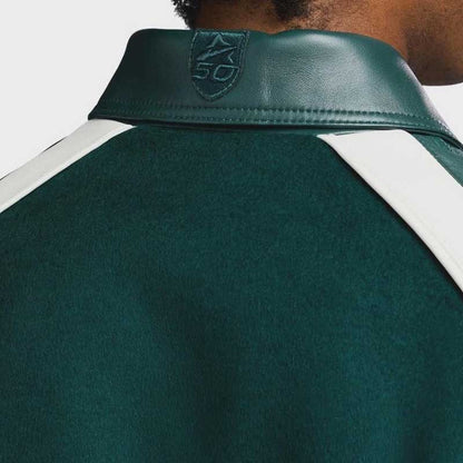 Emerald green wool varsity jacket with genuine leather accents and retro Avirex heritage