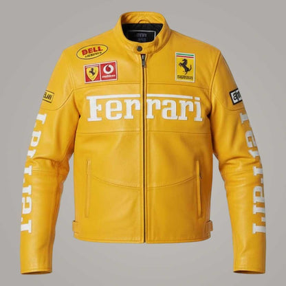 Ferrari Yellow F1 Leather Racing Jacket Front View by Jackets Kingdom
