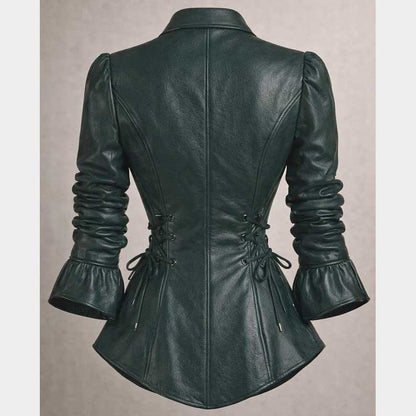Fitted leather blouse in green with long sleeves and waist-defining silhouette by Jackets Kingdom
