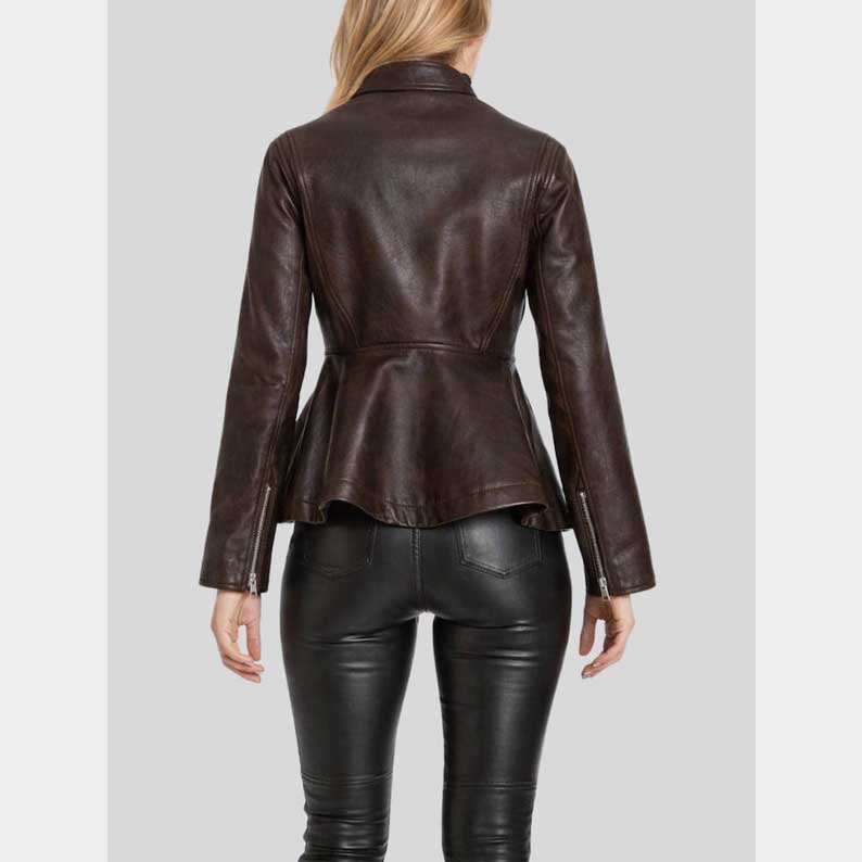 Fitted peplum blazer style leather jacket in dark brown with full length sleeves by Jackets Kingdom