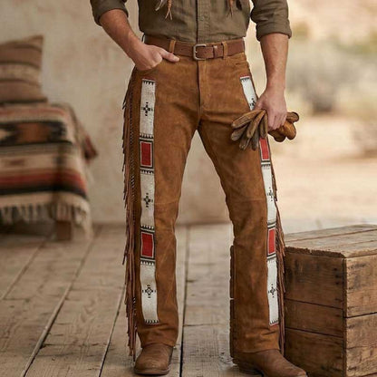 Fringed suede leather cowboy pants handcrafted for festivals and Western events