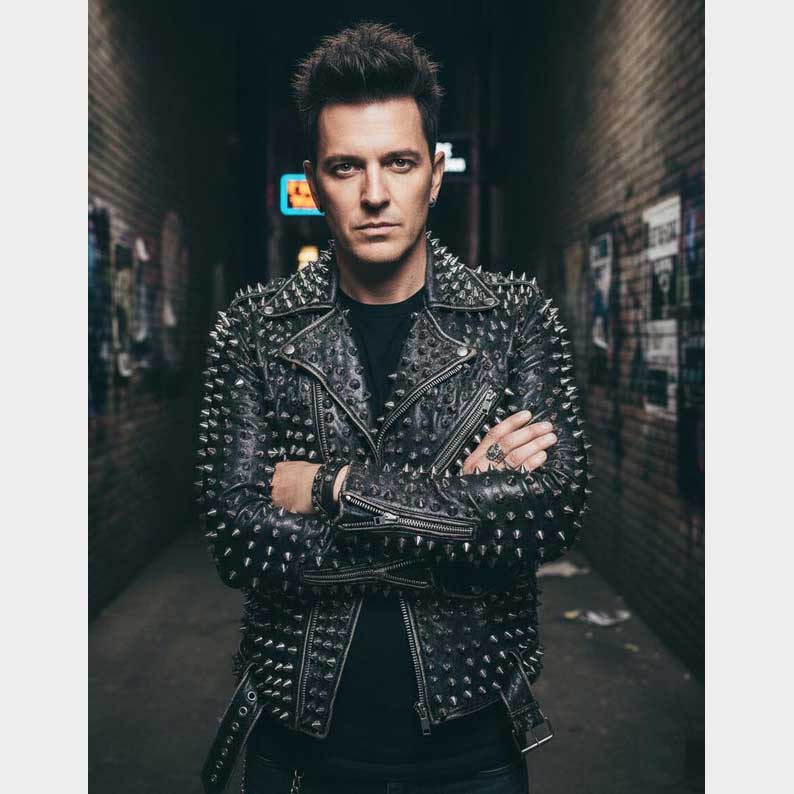 Front view of Black Studded Leather Jacket for Men with metal studs by Jackets Kingdom