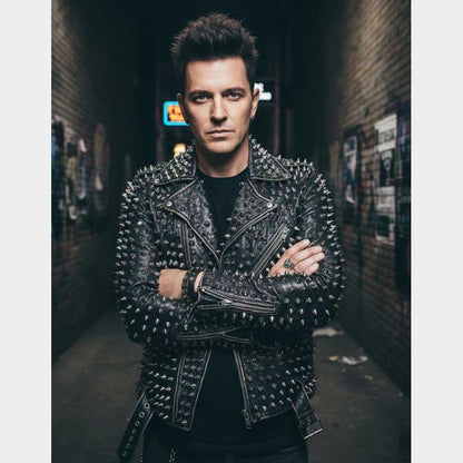 Front view of Black Studded Leather Jacket for Men with metal studs by Jackets Kingdom