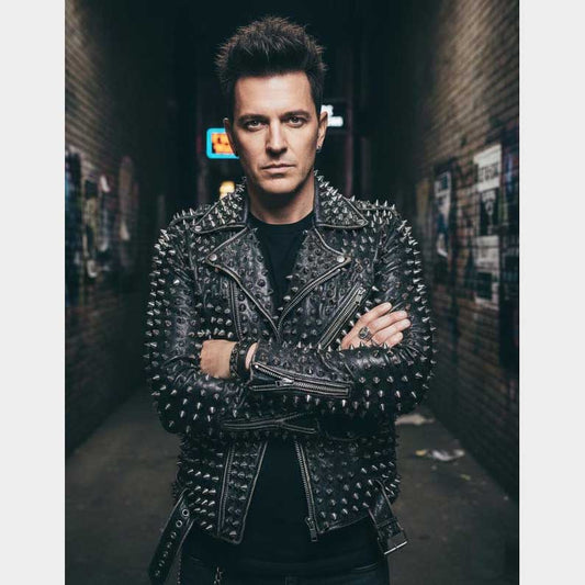 Front view of Black Studded Leather Jacket for Men with metal studs by Jackets Kingdom