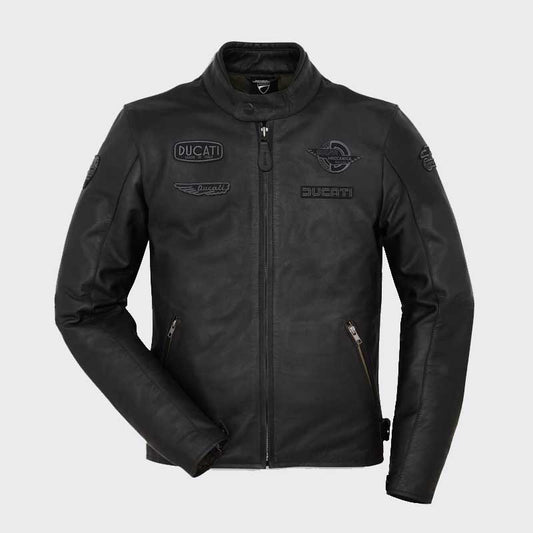 Front view of Ducati Corse Heritage C1 Cafe Racer Leather Motorcycle Jacket showing full grain buffalo leather and front zip closure by Jackets Kingdom