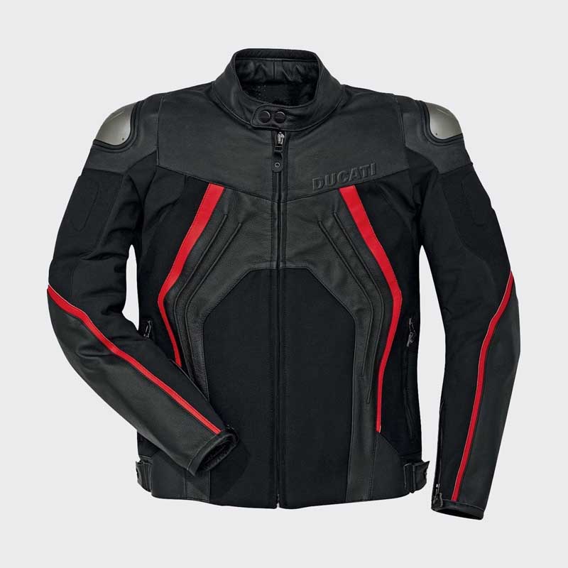 Front view of Ducati Fighter C1 Men's CE Certified Cowhide Leather Motorcycle Jacket showing aluminum shoulder protectors and red Ducati accent detailing by Jackets Kingdom