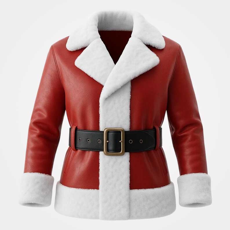 Front view of Santa Red Leather Fur Jacket for Men with green faux fur collar and cuffs by Jackets Kingdom