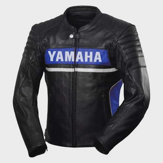 Front view of handmade cowhide leather Yamaha racing biker jacket in black with YKK zipper closure by Jackets Kingdom