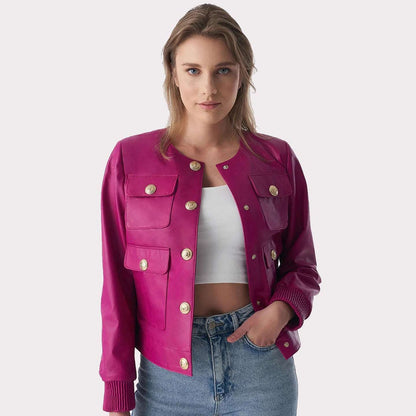 Fuchsia Women's Leather Jacket - Stylish Studs Closure