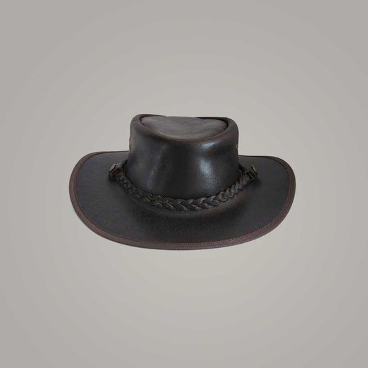 Genuine Leather Wide Brim Western Hat in Black Close Up Detail by Jackets Kingdom
