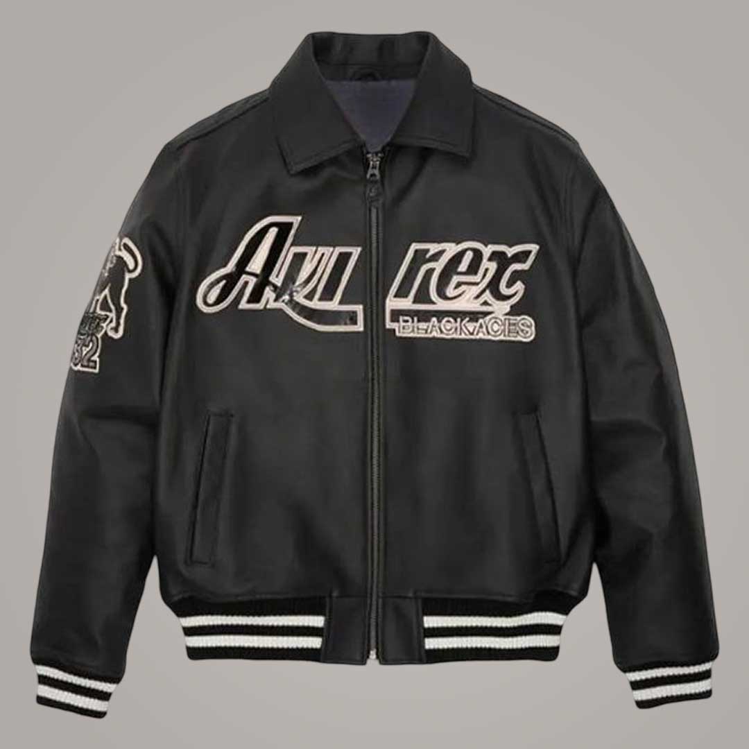 Genuine Sheepskin Bomber with Embroidered Black Aces Squadron Patches and Quilted Lining by Jackets Kingdom