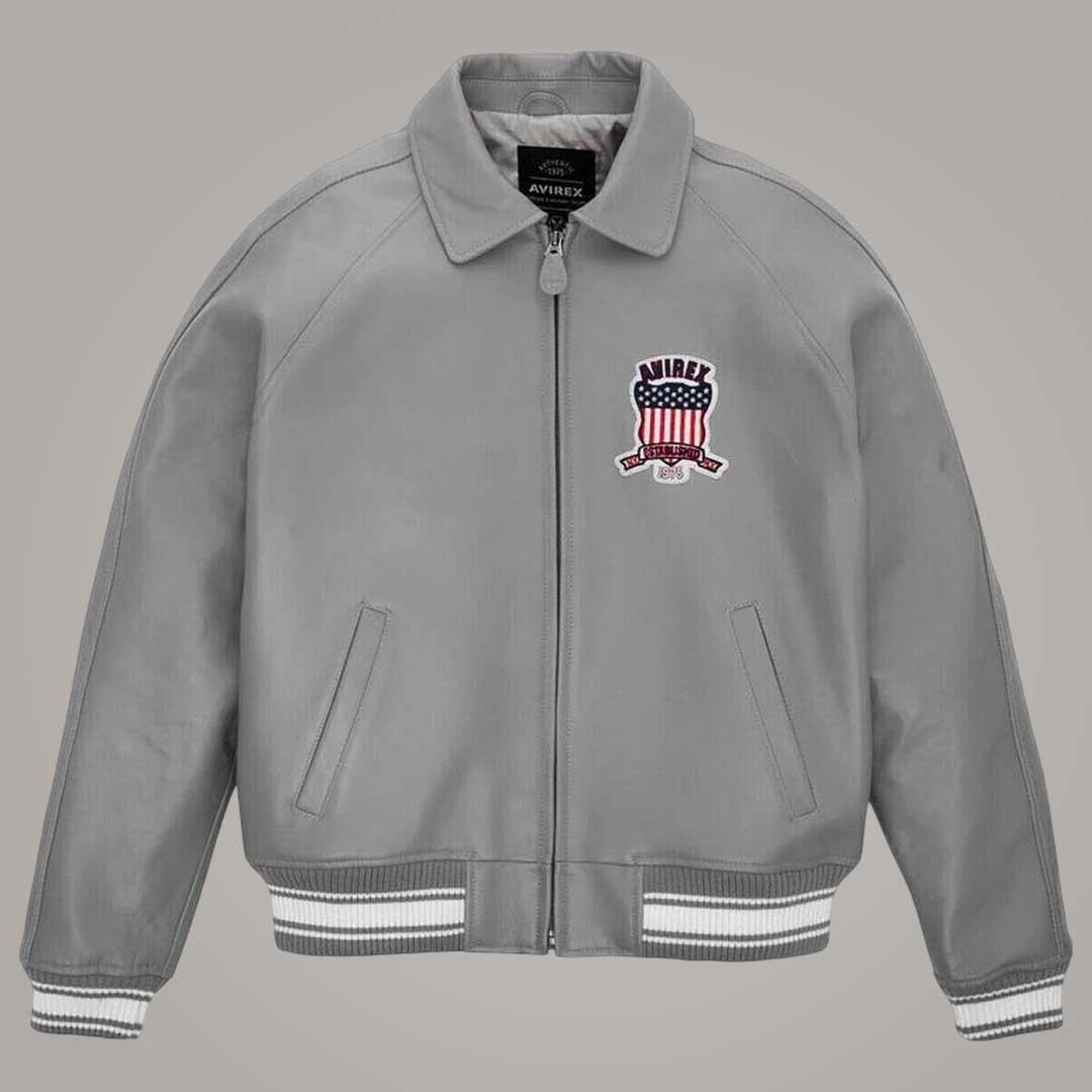 Genuine Sheepskin Leather Bomber with Embroidered Avirex Patches and Ribbed Trims by Jackets Kingdom