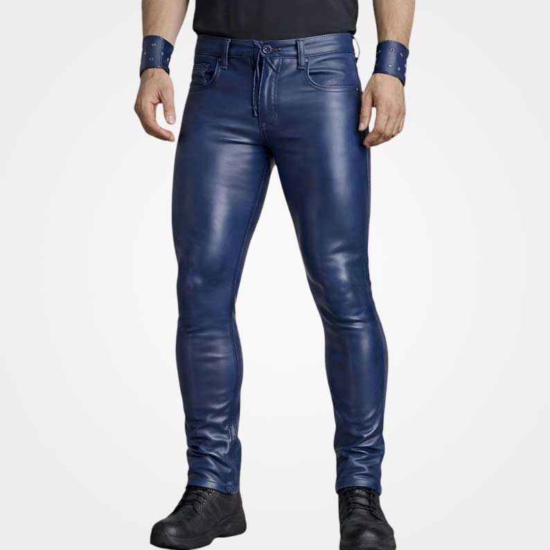 Genuine blue leather pants for men in slim fit design by Jackets Kingdom