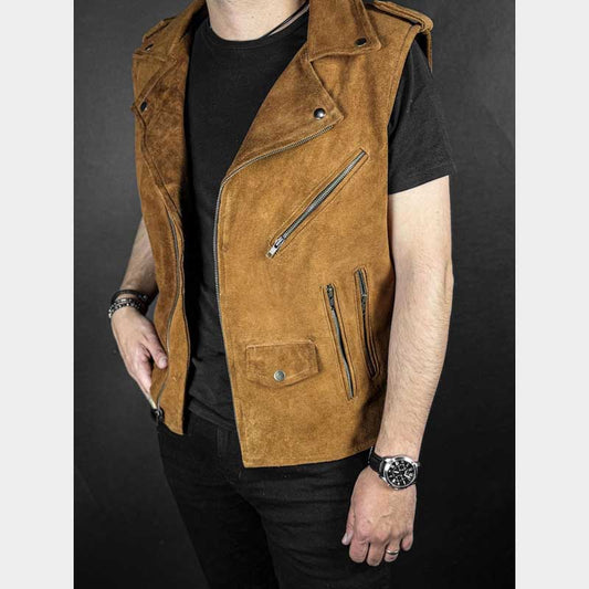 Genuine brown suede leather vest for men showing classic Western style by Jackets Kingdom