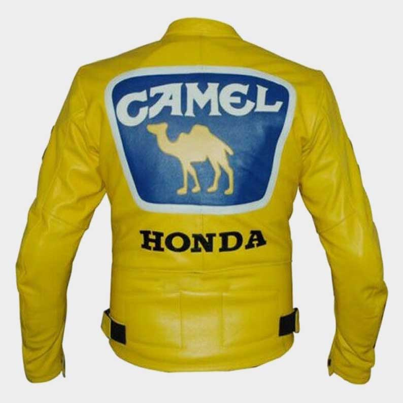 Genuine cowhide leather Honda Camel yellow racing jacket with YKK zippers by Jackets Kingdom