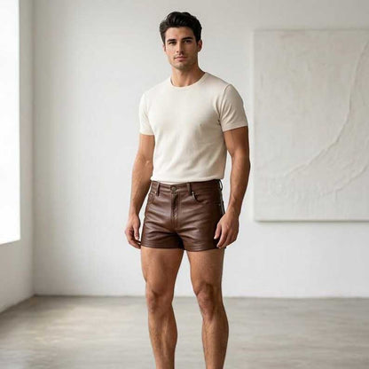 Genuine cowhide leather shorts for men in brown with jeans style pockets by Jackets Kingdom