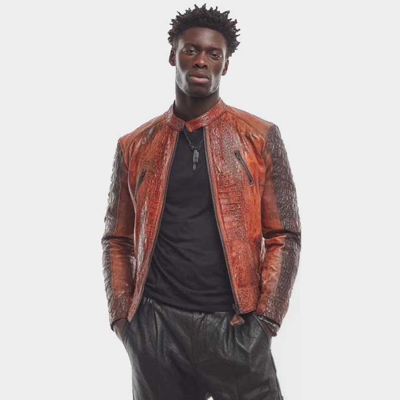 Genuine crocodile leather jacket for men in black and white ombre handmade design by Jackets Kingdom