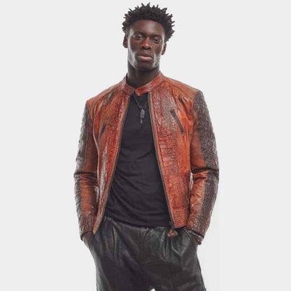 Genuine crocodile leather jacket for men in black and white ombre handmade design by Jackets Kingdom