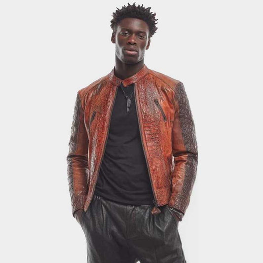 Genuine crocodile leather jacket for men in black and white ombre handmade design by Jackets Kingdom
