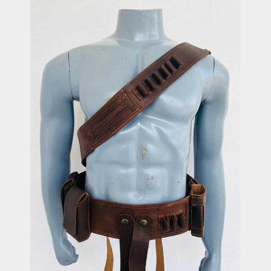 Genuine leather Mandalorian holster belt in brown with adjustable buckle for Star Wars cosplay by Jackets Kingdom