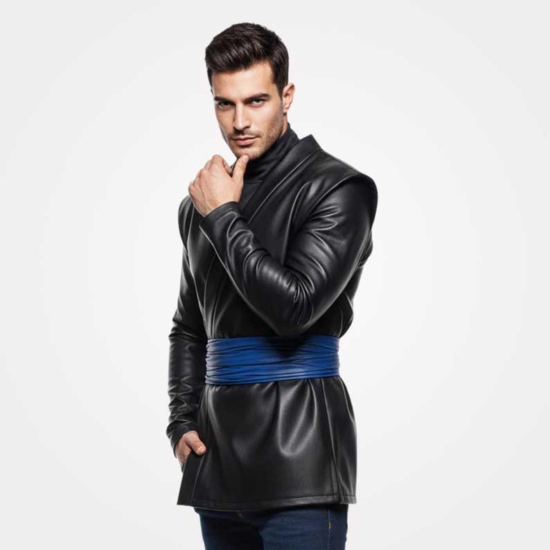 Genuine leather anime cosplay jacket with traditional obi belt by Jackets Kingdom