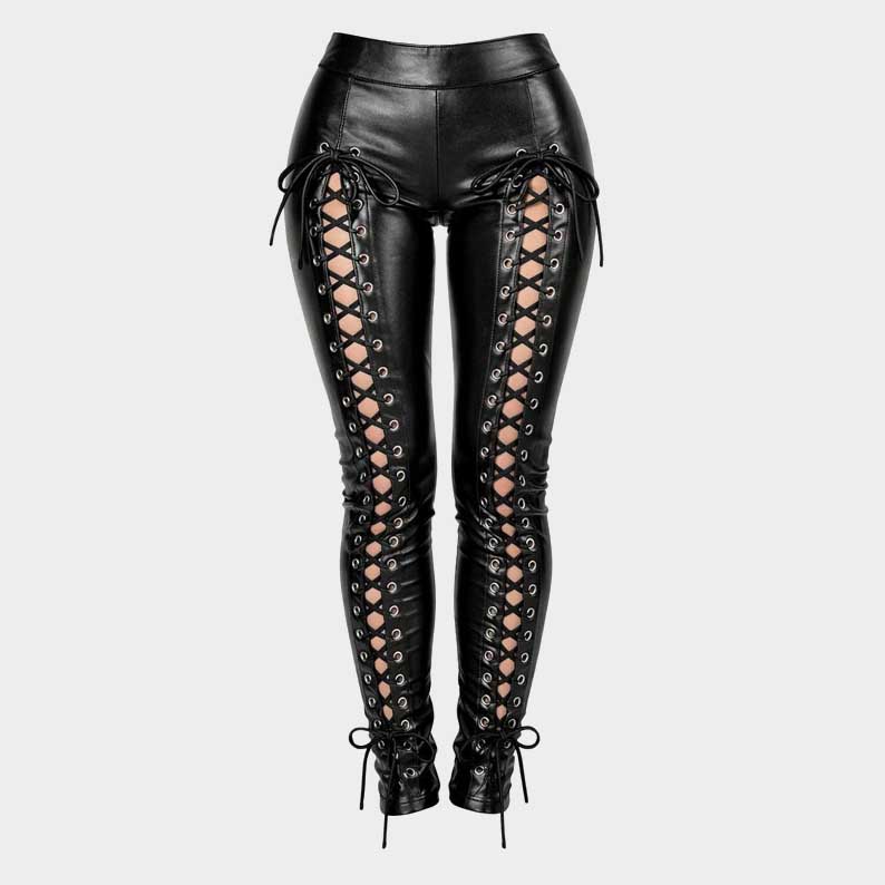 Genuine leather lace up leggings high waist for women with side detailing by Jackets Kingdom