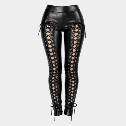 Genuine leather lace up leggings high waist for women with side detailing by Jackets Kingdom