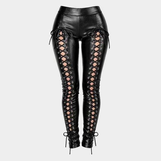 Genuine leather lace up leggings high waist for women with side detailing by Jackets Kingdom