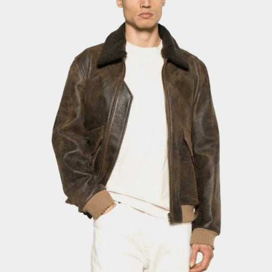 Genuine sheepskin bomber jacket in dark brown featuring semi-aniline finish and viscose lining