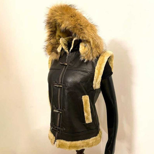 Genuine sheepskin leather aviator vest featuring thick soft shearling fur lining and hood