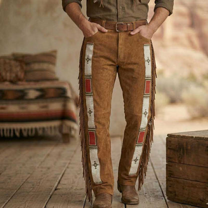 Genuine soft suede leather Western pants with decorative fringe and artisan beadwork