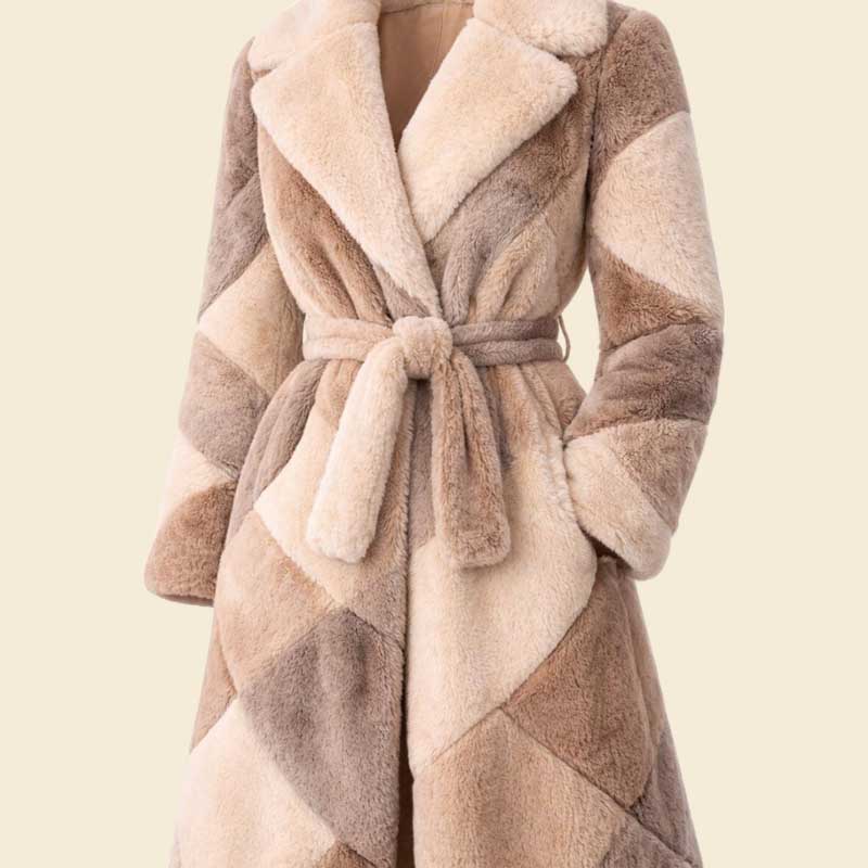 Geometric plush winter coat with waist belt