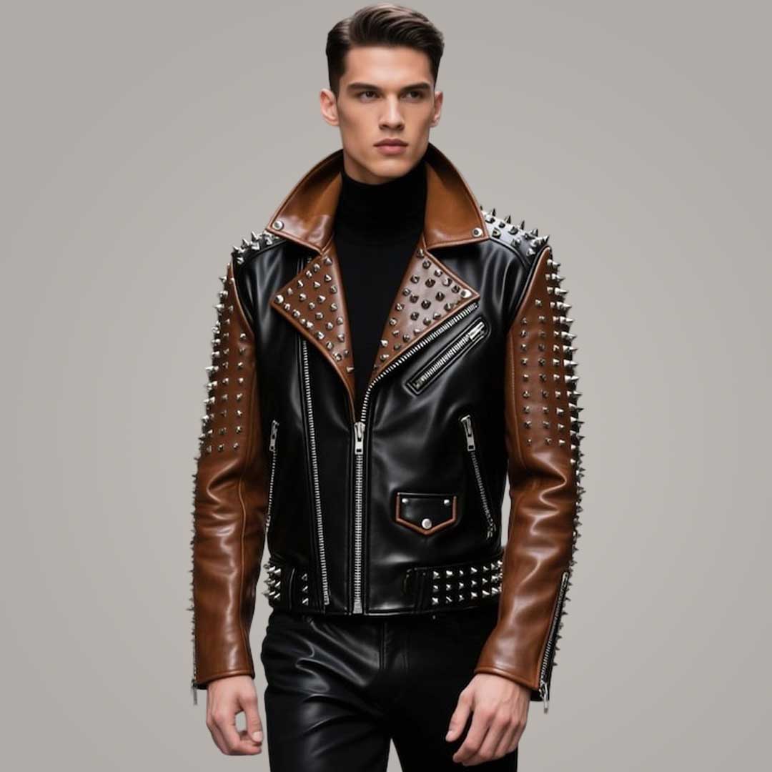 Men's Gold Studded Leather Biker Jacket in Slim Fit style
