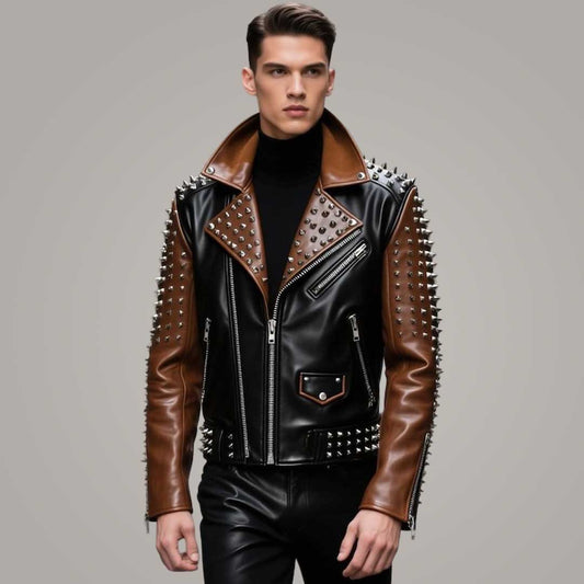 Men's Gold Studded Leather Biker Jacket in Slim Fit style