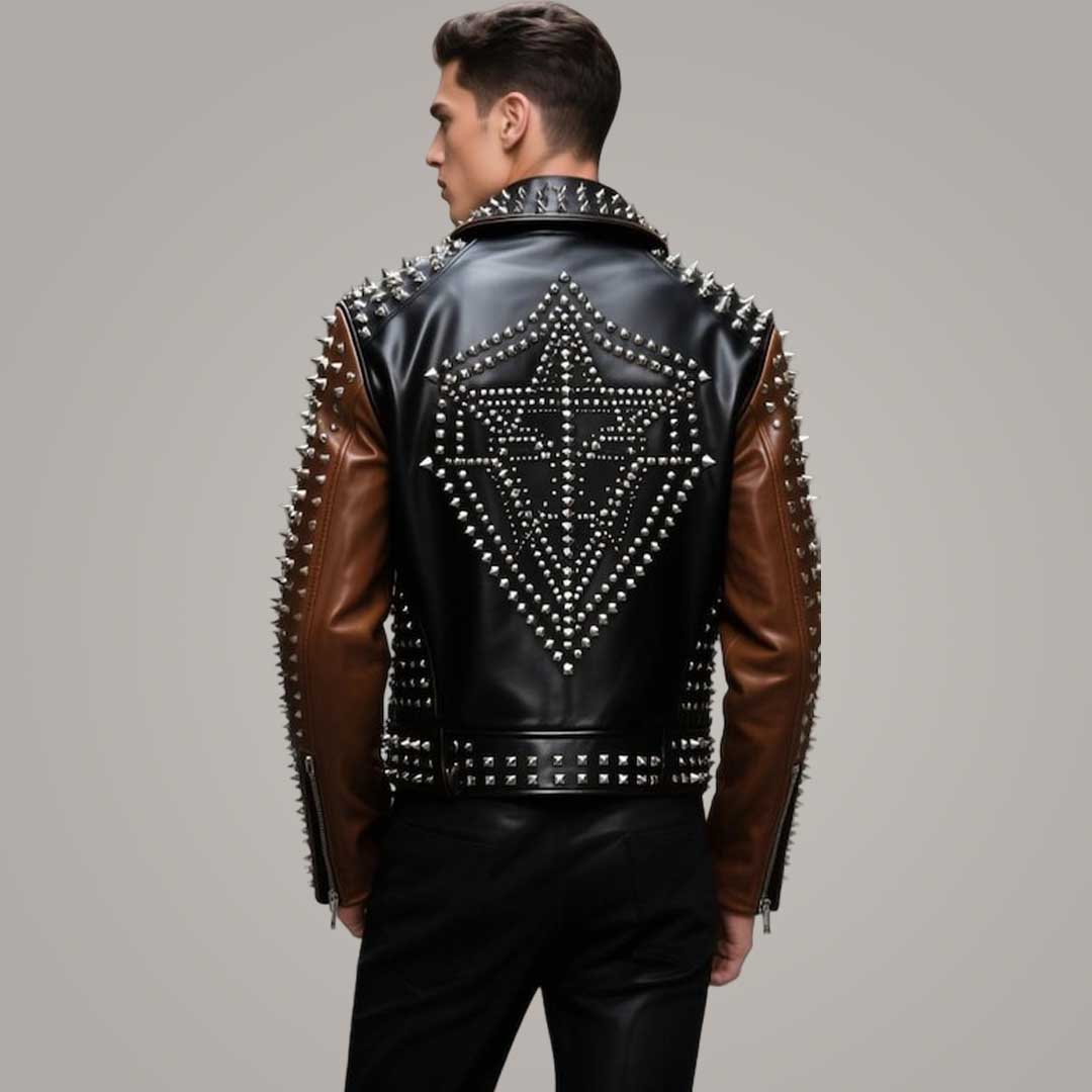 Men's Gold Studded Leather Biker Jacket in Slim Fit style