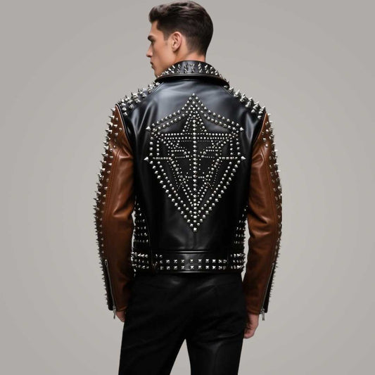Men's Gold Studded Leather Biker Jacket in Slim Fit style