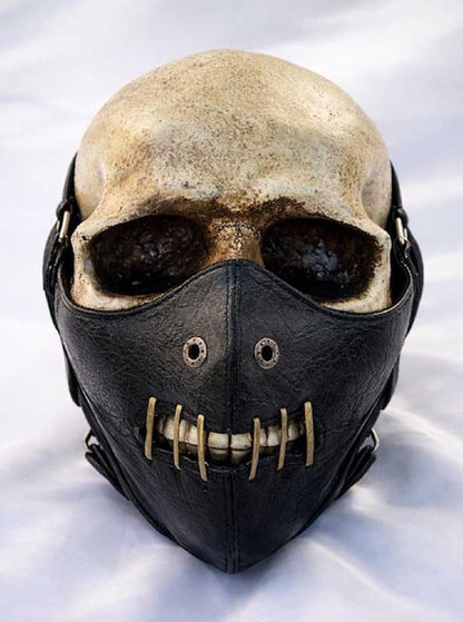 Gothic Black Leather Skull Mask with Metal Teeth