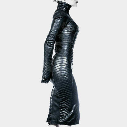 Gothic black leather bodycon dress with high neck and coat style design by Jackets Kingdom