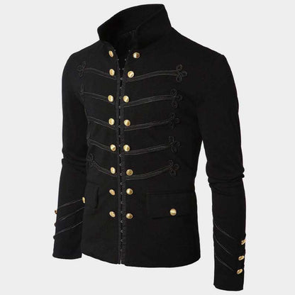 Gothic black military Napoleon jacket with elegant lace trim by Jackets Kingdom