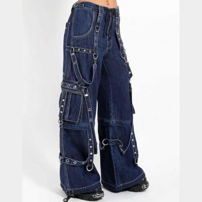 Gothic blue cargo pants with chain details and five pockets by Jackets Kingdom