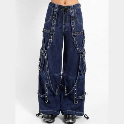 Gothic blue jeans with chains and zippers front view by Jackets Kingdom