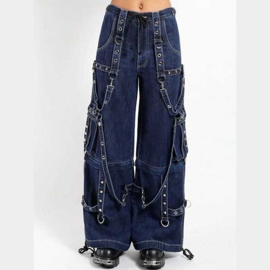 Gothic blue jeans with chains and zippers front view by Jackets Kingdom