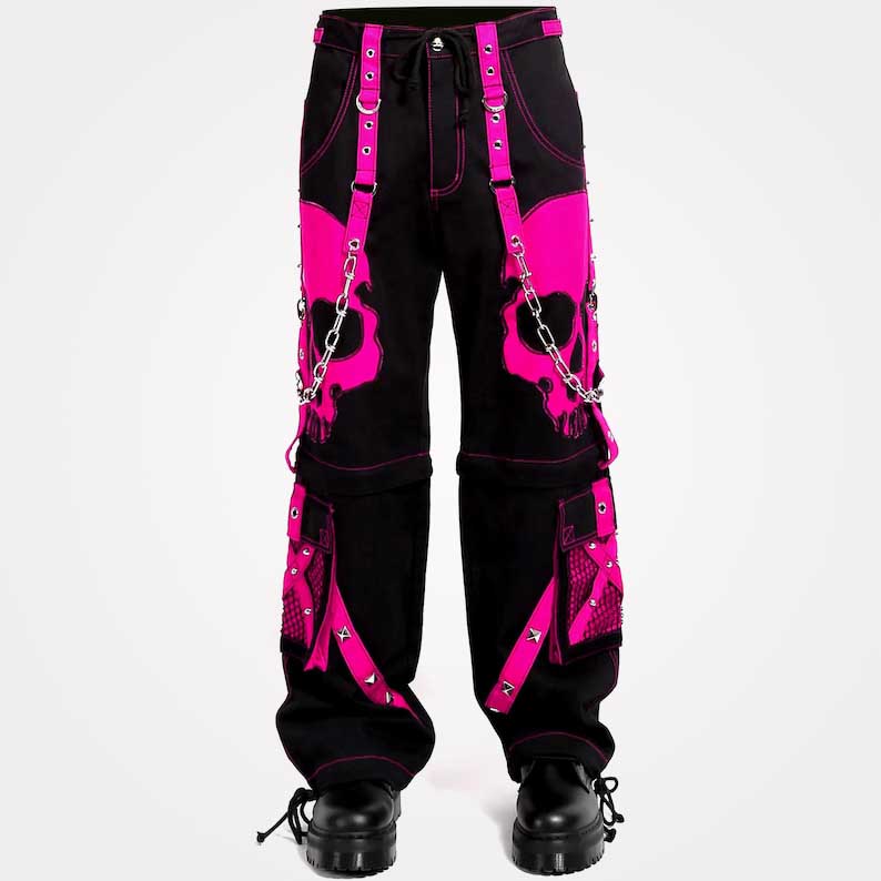 Gothic cyberpunk zip off pants with skull applique and chains by Jackets Kingdom