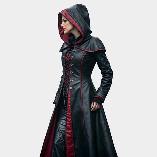 Gothic hooded leather trench coat with corset back in black and red front view by Jackets Kingdom