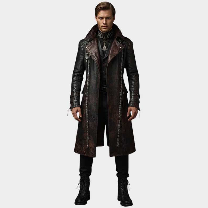 Gothic leather trench coat with distressed finish and steampunk styling handmade by Jackets Kingdom